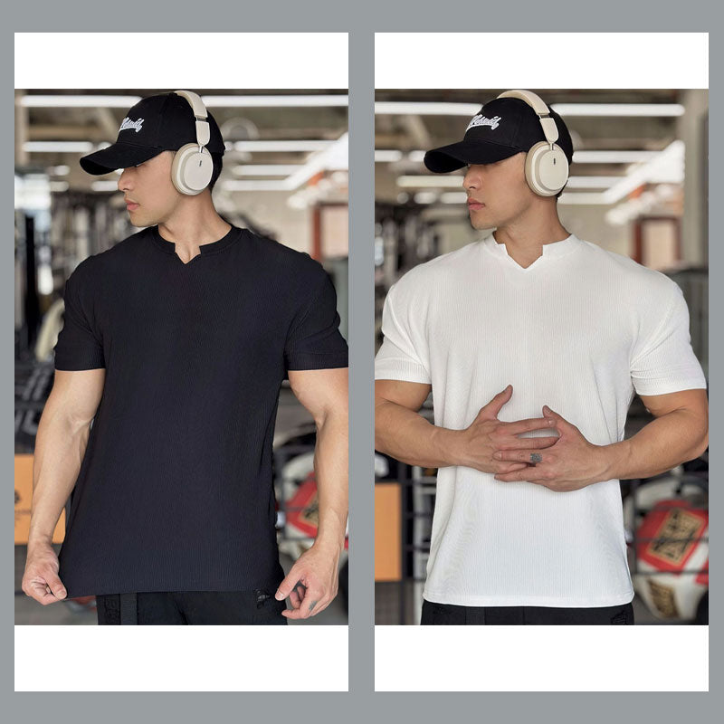 Men's V Neck Short Sleeve Muscle Sports Fitness T-Shirt