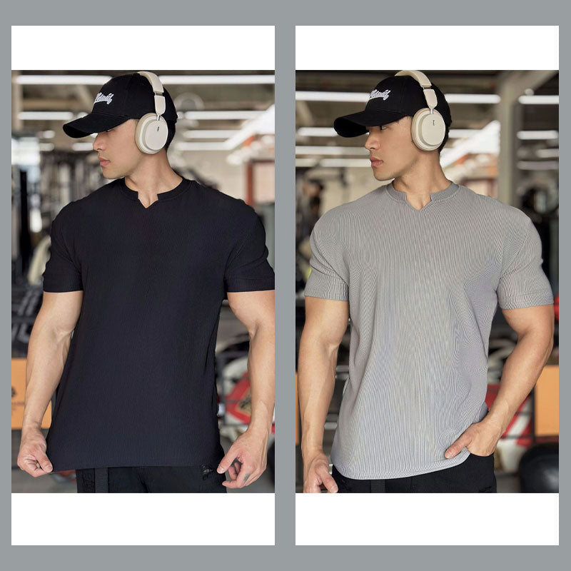 Men's V Neck Short Sleeve Muscle Sports Fitness T-Shirt